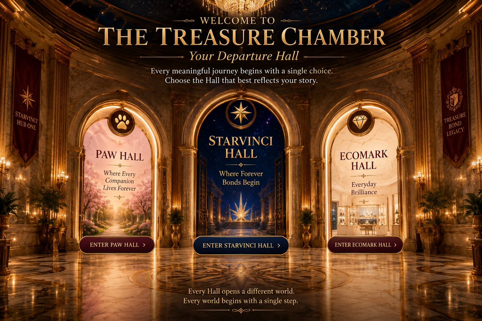 Welcome to The Treasure Chamber Departure Hall with entrances to Paw Hall, StarVinci Hall, and ECOMARK Hall