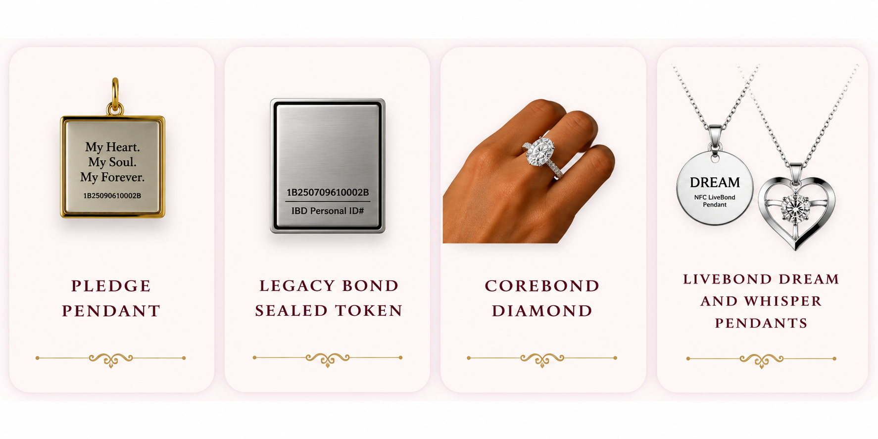 Pledge Pendant, Legacy Bond Sealed Token, CoreBond Diamond, and LiveBond Dream with Whisper Pendants